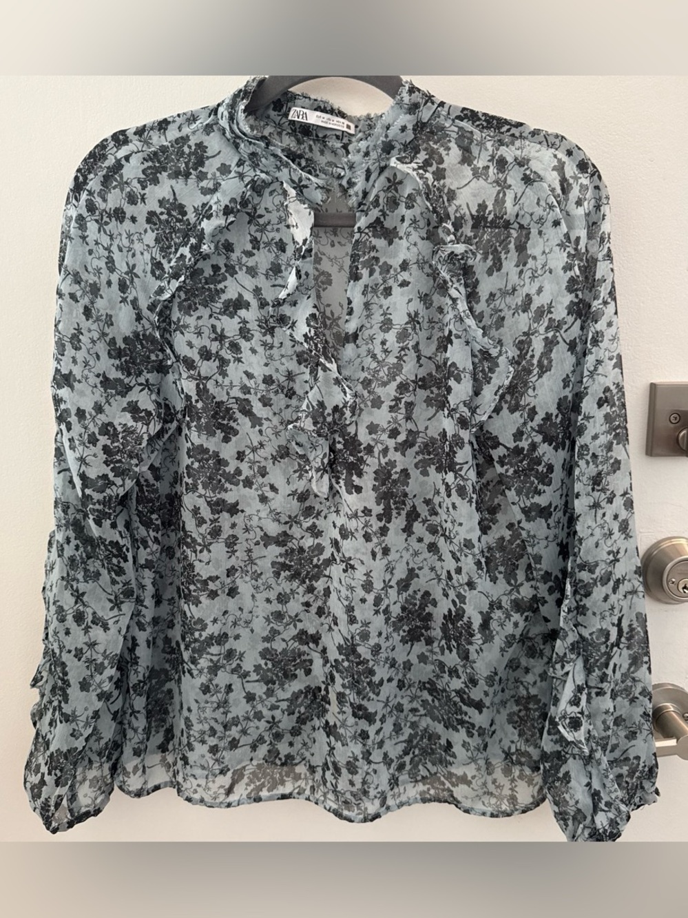Zara Sheer Light Blue Floral Ruffle Blouse